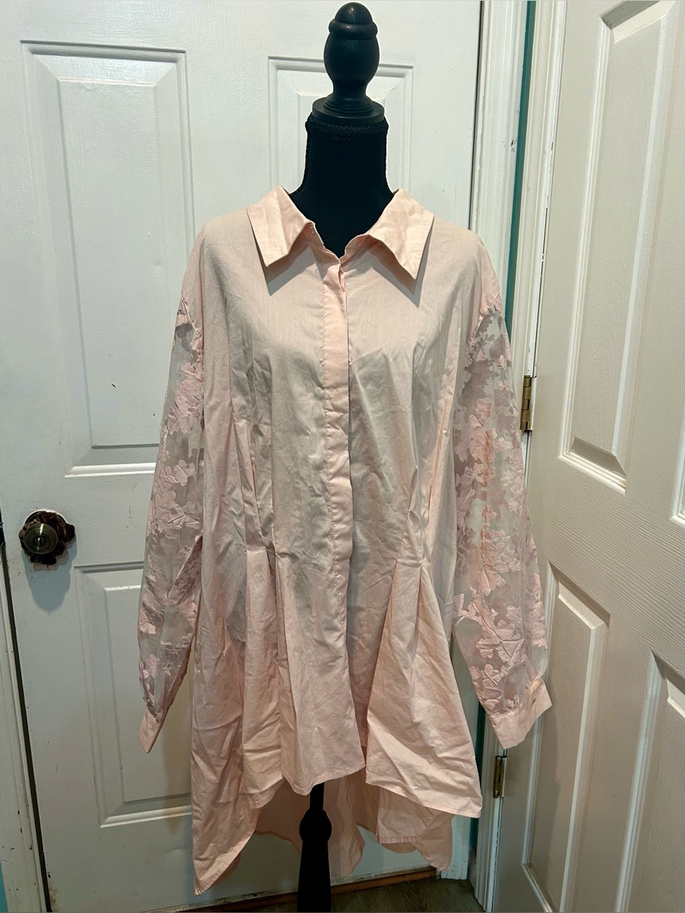Midnight Velvet Rouched Long Sleeve Button Up Shirt Extra Long Sheer Floral Arms